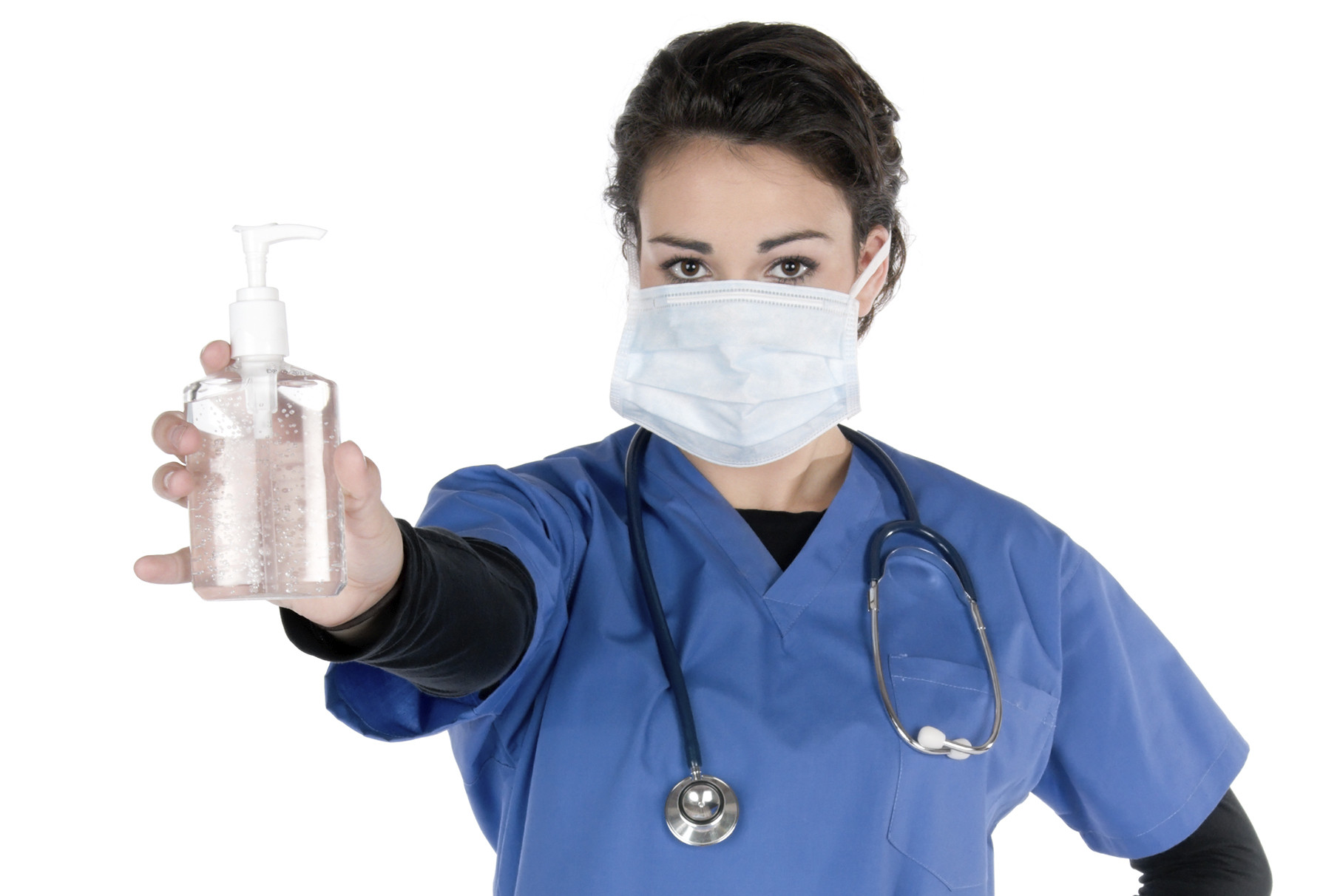 Young female nurse, wearing blue scrubs, mask, stethoscope aroun