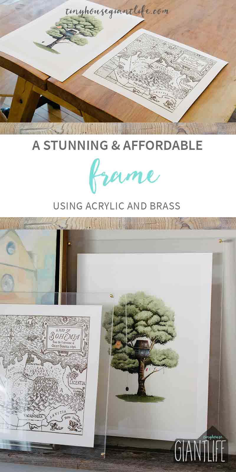 A Simple, Stunning, And Affordable DIY frame for art made with plexi-glass and brass hardware