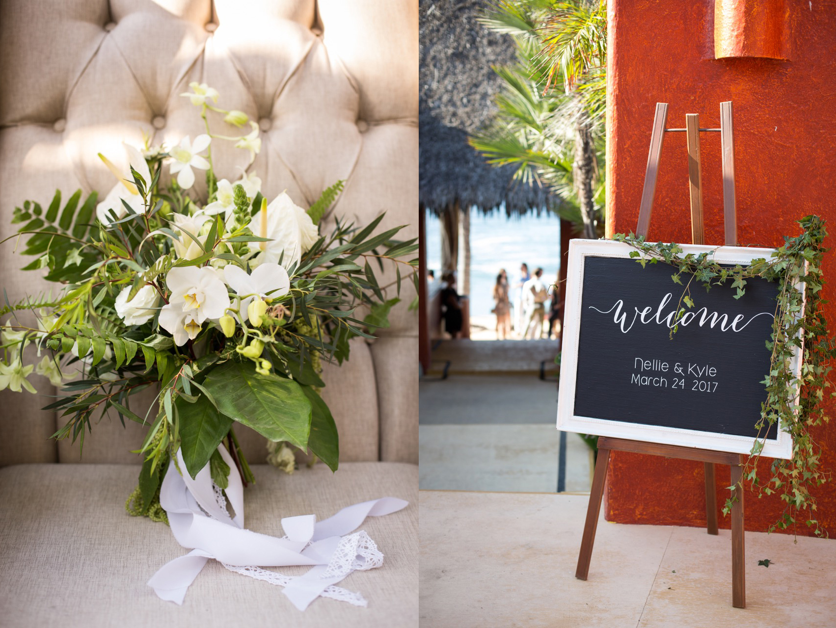 bouquet + welcome sign