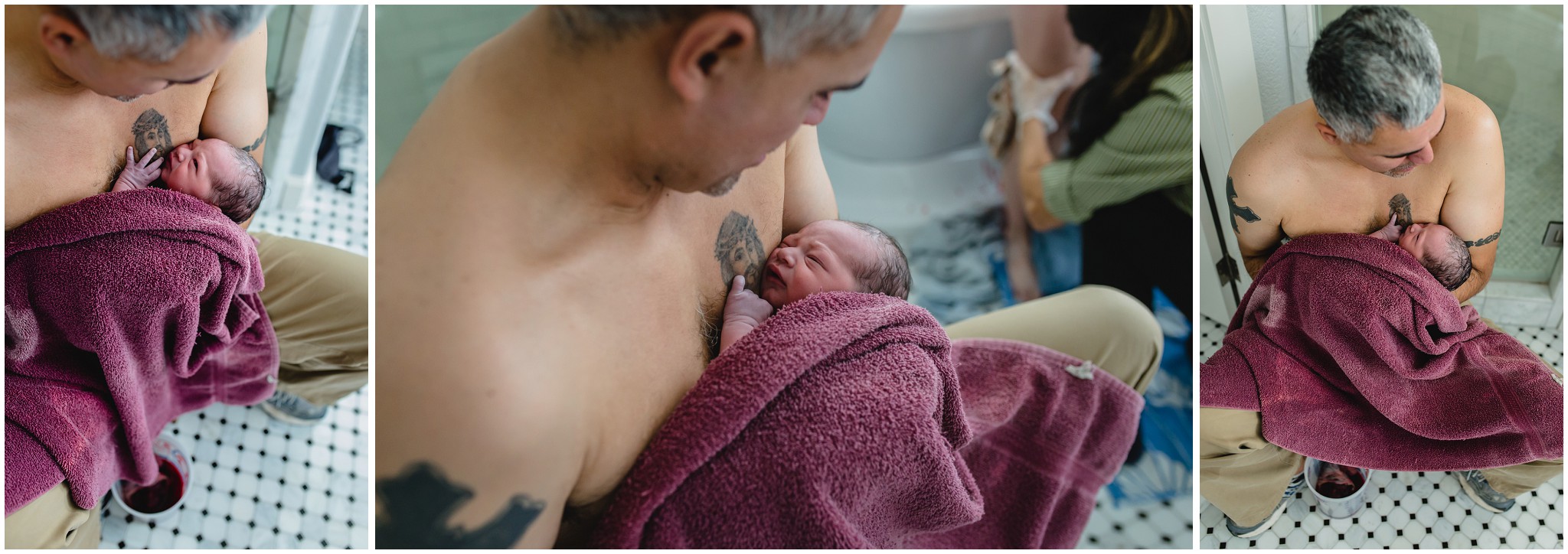 Dad holds baby skin to skin after birth at home 