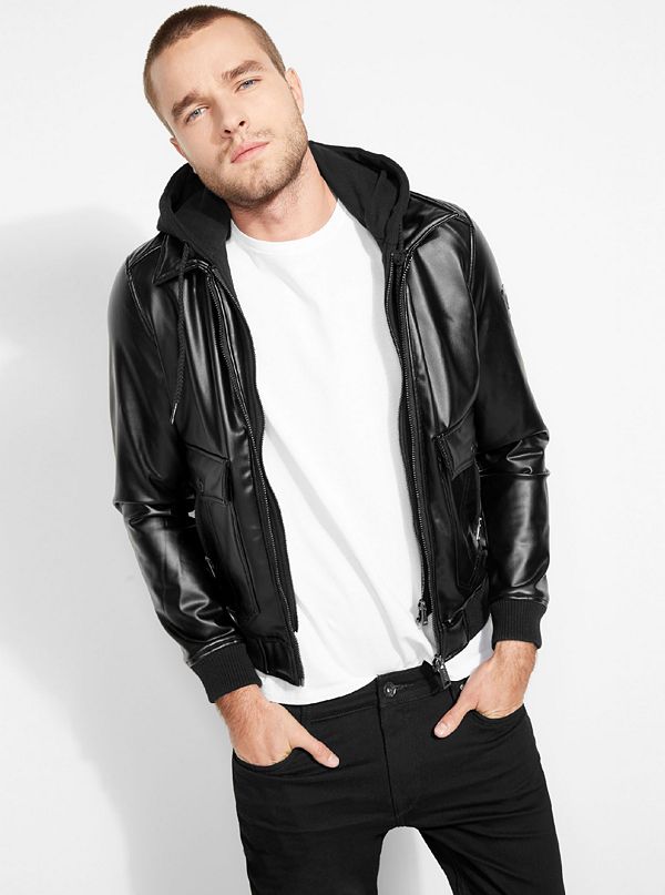 guess leather jacket with hood