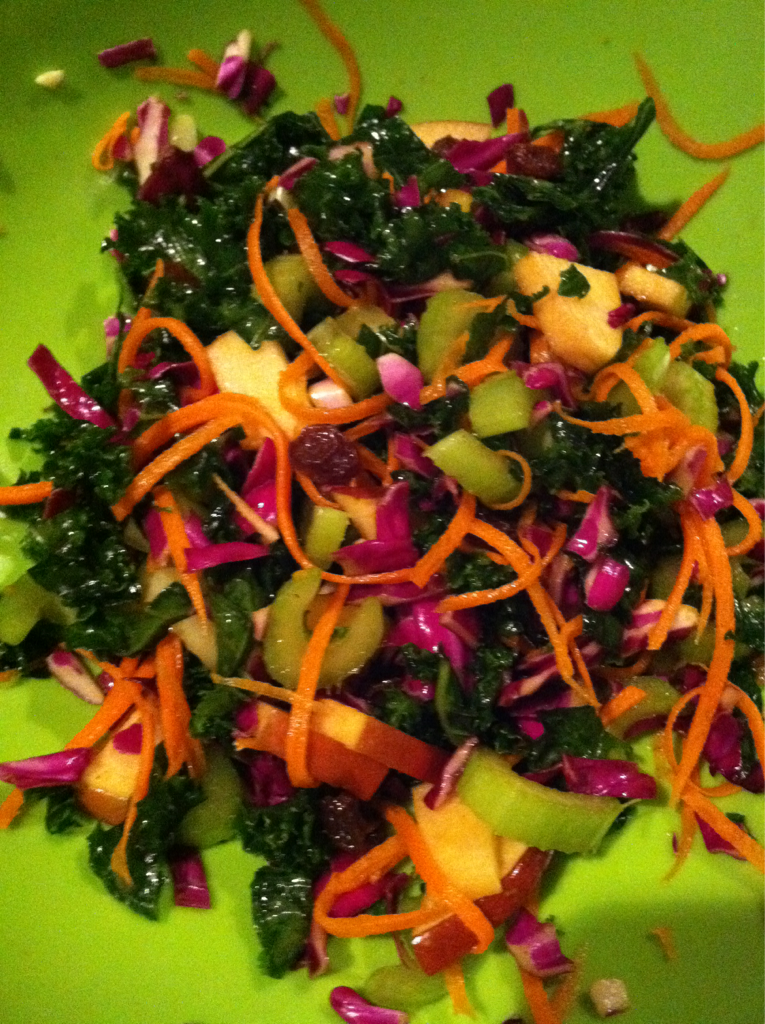 Apple Kale Salad I made this simple salad tonight and am loving it. So satisfying and tasty. Plus salads that are more hearty just satisfy me much when weather outside is a bit colder. Kale, cut into thin strips Purple cabbage, shredded Salt Olive oil Carrots, cut into thin strips Celery, sliced Apple, chopped Raisins Coat kale with olive oil and salt. Let sit till kale become wilted. Add all the ingredients and toss. Add more salt to taste if needed.