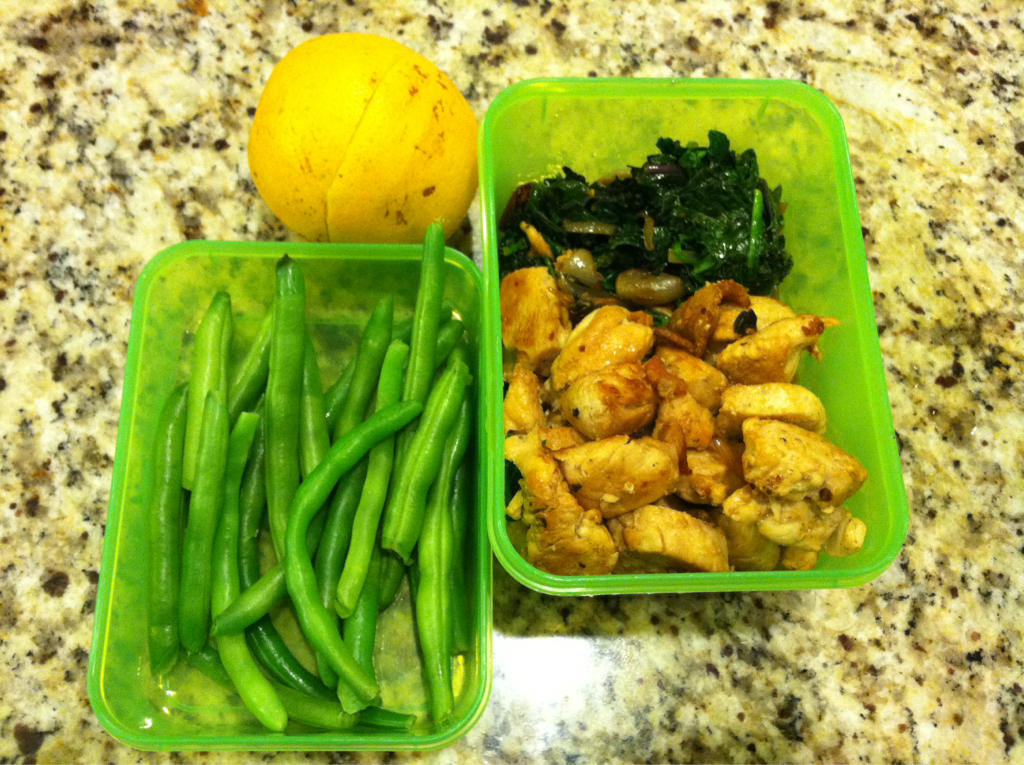 What’s for Lunch? As the weather gets colder our bodies crave food that is warm and hearty. Especially since the weather around here has been so gloomy. Today for the kids I am packed: Sauted kale and spinach with garlic and shallots Garlic chicken Steamed green beans Orange