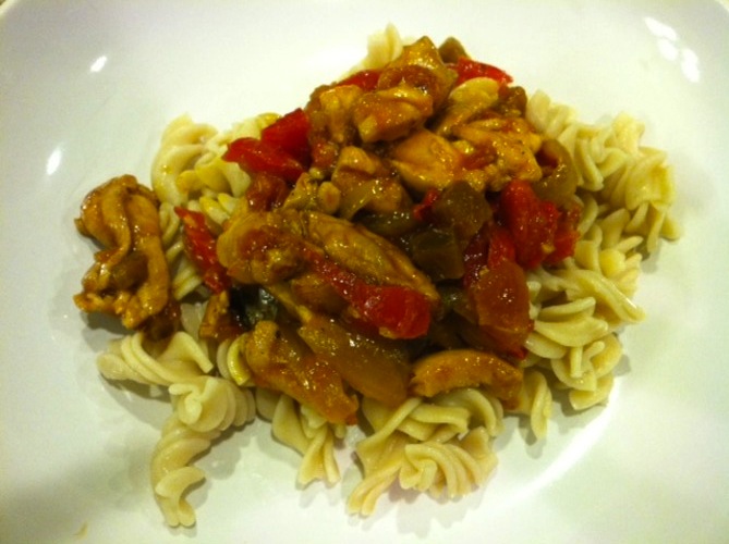 Chicken Ratatouille over Gluten Free Pasta Spirals Tonight I made a great and simple dinner for the family. It took less then 15 minutes! Plus everyone raved about it. I have a great love affair with Trader Joe’s. I wish we had one closer in Ashburn but we don’t so I have to drive all the way to Reston which is a 20-30 minute drive. But it is worth it every time because of their great prices, ingredients and rotating new products. And they have some great quick time saving food products with ingredients that I like feeding my family. This last trip I came across their Ratatouille. I bought it cause my family loves ratatouille but I don’t make it often and I thought I would give it a try. I have had the jar for a while trying to decide what to eat it with and when. I came across it when I was simplifying my cabinets yesterday so I decided to finally use it in a dish. (To read more about that adventure check out http://joyinthesimple.tumblr.com) Tonight I figured out a tasty dish recipe to make with this little meal helper. it’s always a good idea keep a few of these quick little helpers in the pantry to help with mealtimes when you don’t have a lot of time. But it is important to make sure they are made with ingredients you would use if you made it at home yourself. Ingredients: 1-2 tbsp coconut oil 1 onion, peeled and sliced 1 red pepper, seeded and sliced into thin strips 3 cloves of garlic (I love garlic) 1 1/2 pounds boneless chicken thighs, cut into bite size strips or chucks 1 jar Trader Joe’s Ratatouille Add 1 tablespoon of coconut oil into a hot pan. Toss in the sliced onions and red pepper, sauté for about 3-5 minutes. Add in the addition 1 tablespoon of coconut oil if needed and toss in the chicken and garlic. Continue to sauté until chick browns and fully cooks 8-10 minutes. Then pour in the jar of Ratatouille cook until everything is heated through. Season with salt and pepper to taste. You can serve it over pasta spirals or rice.