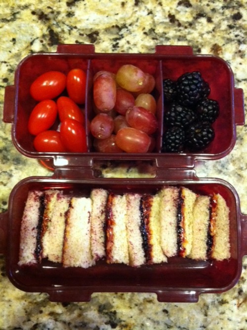 Good Old Classic PB & J I don’t know very many kids let alone adults who wouldn’t love to have a traditional PB & J sandwich for lunch. Here I paired it with a trio of fruit (grape tomatoes, red grapes, and blackberries). Quick, simple, and gets the job done. What more could you ask for?