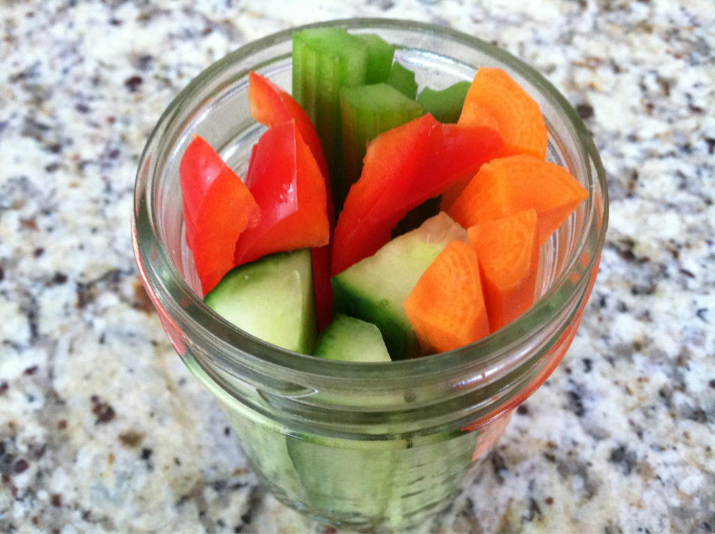 Super Snack for Super Kids A great after school snack for kids (or anyone for that matter) are these veggies sticks served in a little mason jar. Here I have carrots, cucumber, celery, and red peppers. They are a fresh and crisp finger food that are tasty and easy to eat. You can cut a bunch of veggies ahead of time and put them in mason jars making them a great grab and go snack anytime.