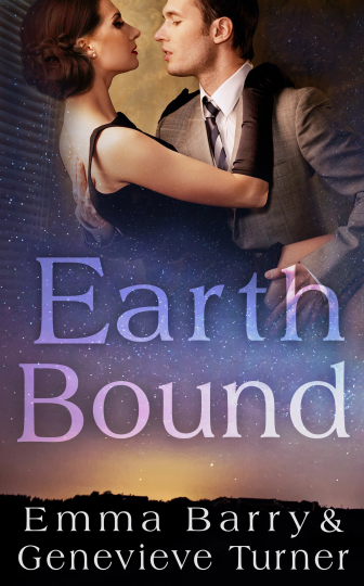 Cover image for Earth Bound. Starry background behind two light-skinned people in a tense embrace. The woman has dark hair, artful makeup, a black dress, and full-length black gloves. The man has a grey suit, intense expression, and his hands on the woman's bare skin.