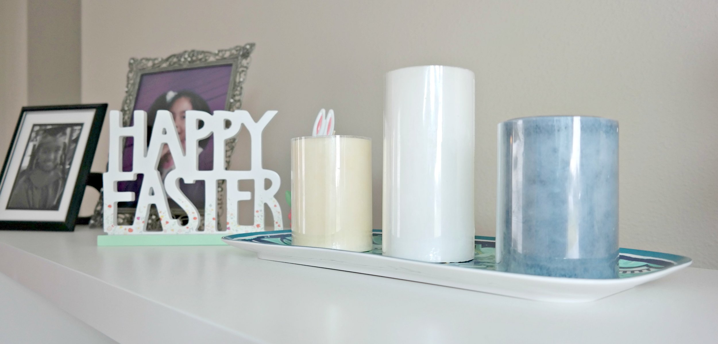 Candles and Easter sign for table or entertainment center.