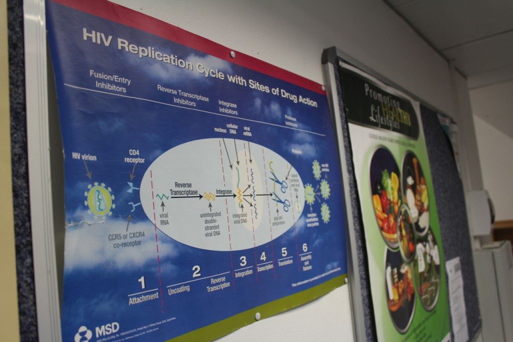 At the Medical Research Council in Verulam, South Africa, a poster describes the way HIV drugs work.