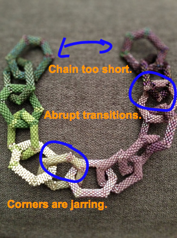 Hex peyote chain with problem points circled.