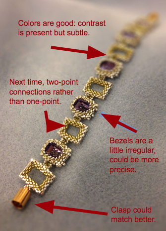 Revision suggestions for Cathedral Garden Bracelet: different connections, different clasp, more precise bezeling.
