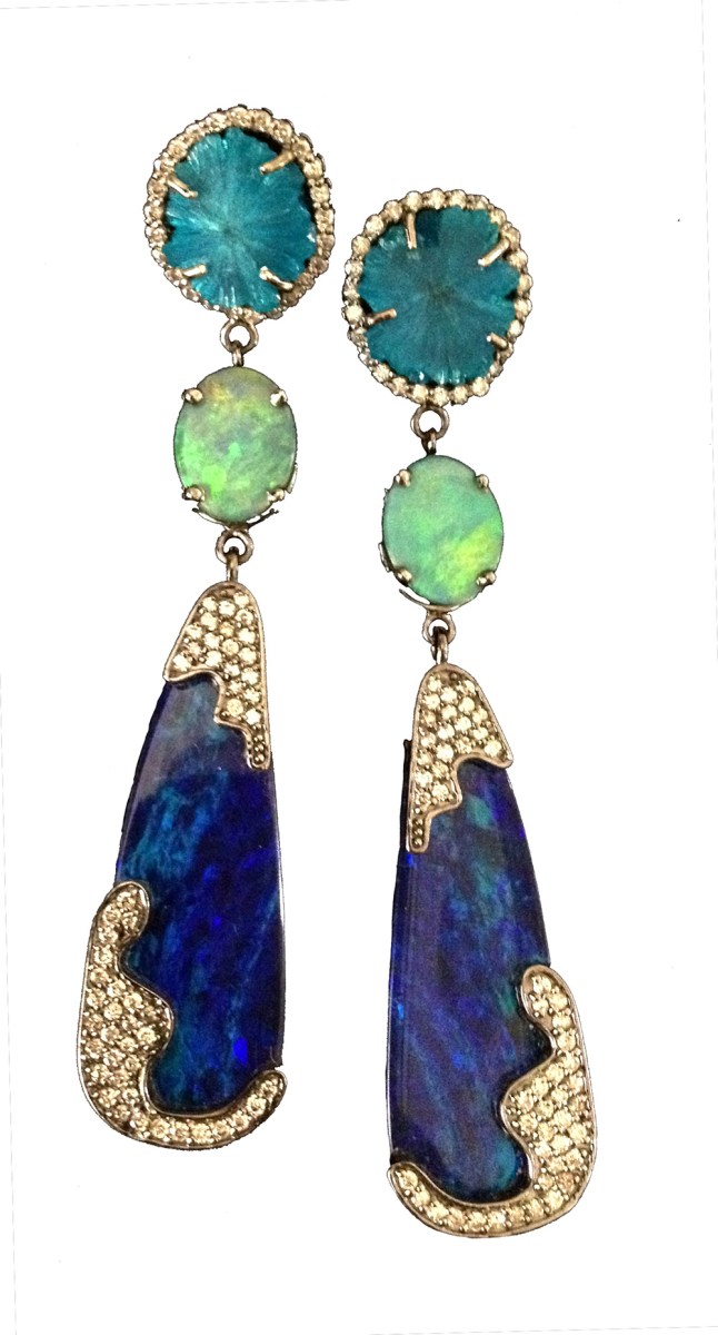 Three-stone earrings. A mid-size round green opal hangs above a small light green opal. Deep blue tear-shaped opals dangle below, with offset clusters of yellow diamonds.