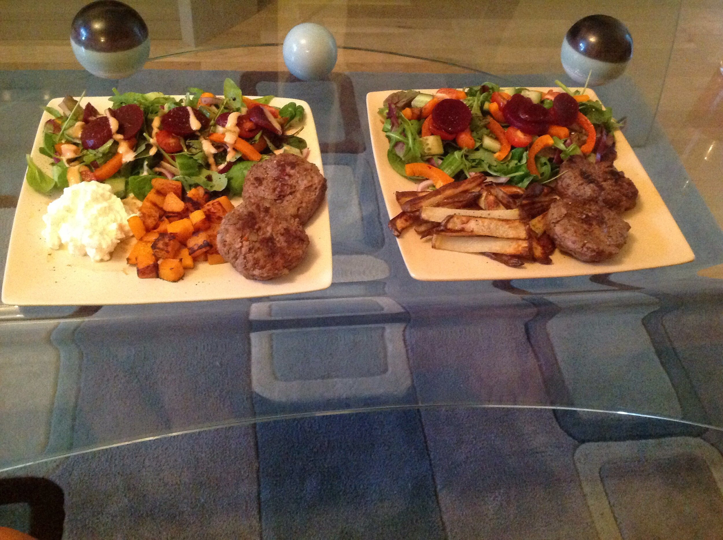 Syn free burgers, butternut squash and salad