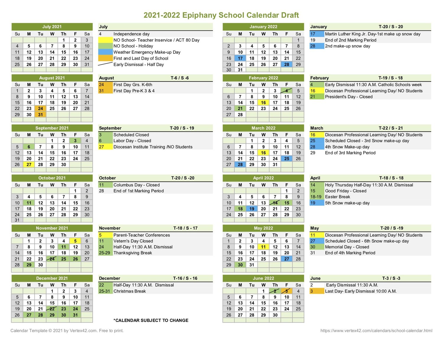 20212022 School Calendar (Draft) — The Epiphany School