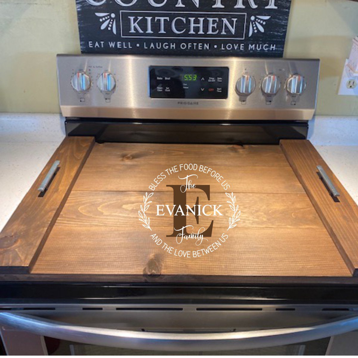 Wooden Cutting Board Stovetop Cover. Engraved Oven Cover. Shop Now!