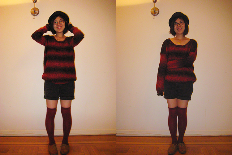 Oversized sweater, shorts, and knee high socks with bowler hat
