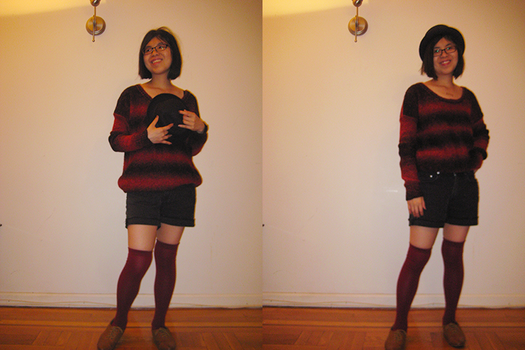 Oversized sweater, shorts, and knee high socks