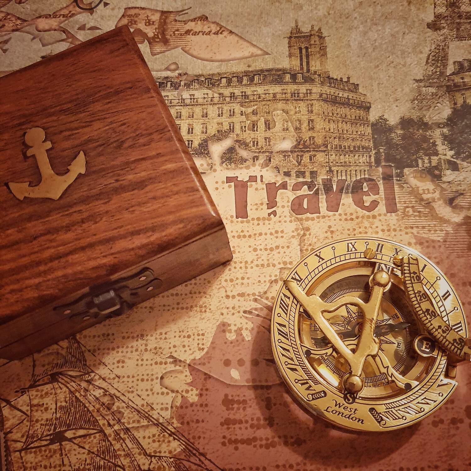 4-1/2 Antiqued Brass Sundial Compass with Wooden Box- Antique Vintage  Style - Schooner Bay Company