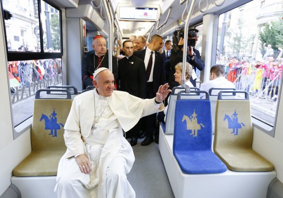 Pope Francis arrived at Blonia Park in a tram (Photo: AP)