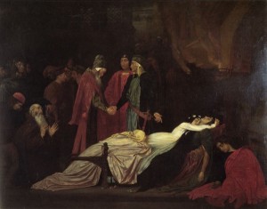 "The Reconciliation of the Montagues and Capulets over the Dead Bodies of Romeo and Juliet." Painting by Frederic Lord Leighton, 1855.