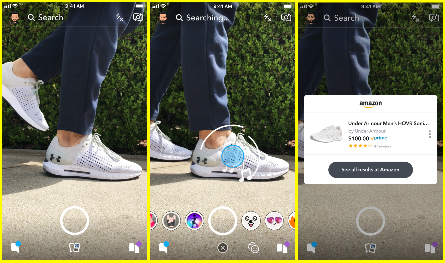  Snapchat’s Visual Search in action: Scanning some shoes brings up the corresponding Amazon product page. 