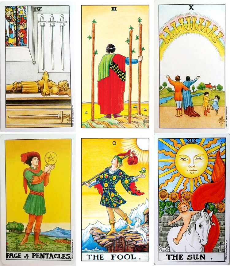 31 Days of Tarot, Day 13: Examples from the Universal Waite Tarot deck: 4 of Swords, 3 of Wands, 10 of Cups, Page of Pentacles, The Fool, The Sun