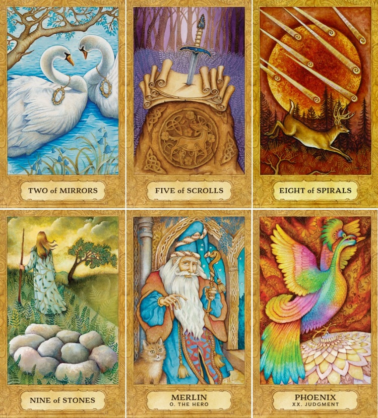 31 Days of Tarot, Day 13: Examples from Chrysalis Tarot: 2 of Mirrors, 8 of Scrolls, 5 of Spirals, 9 of Stones, Merlin (The Hero (The Fool)), Phoenix (Judgment)
