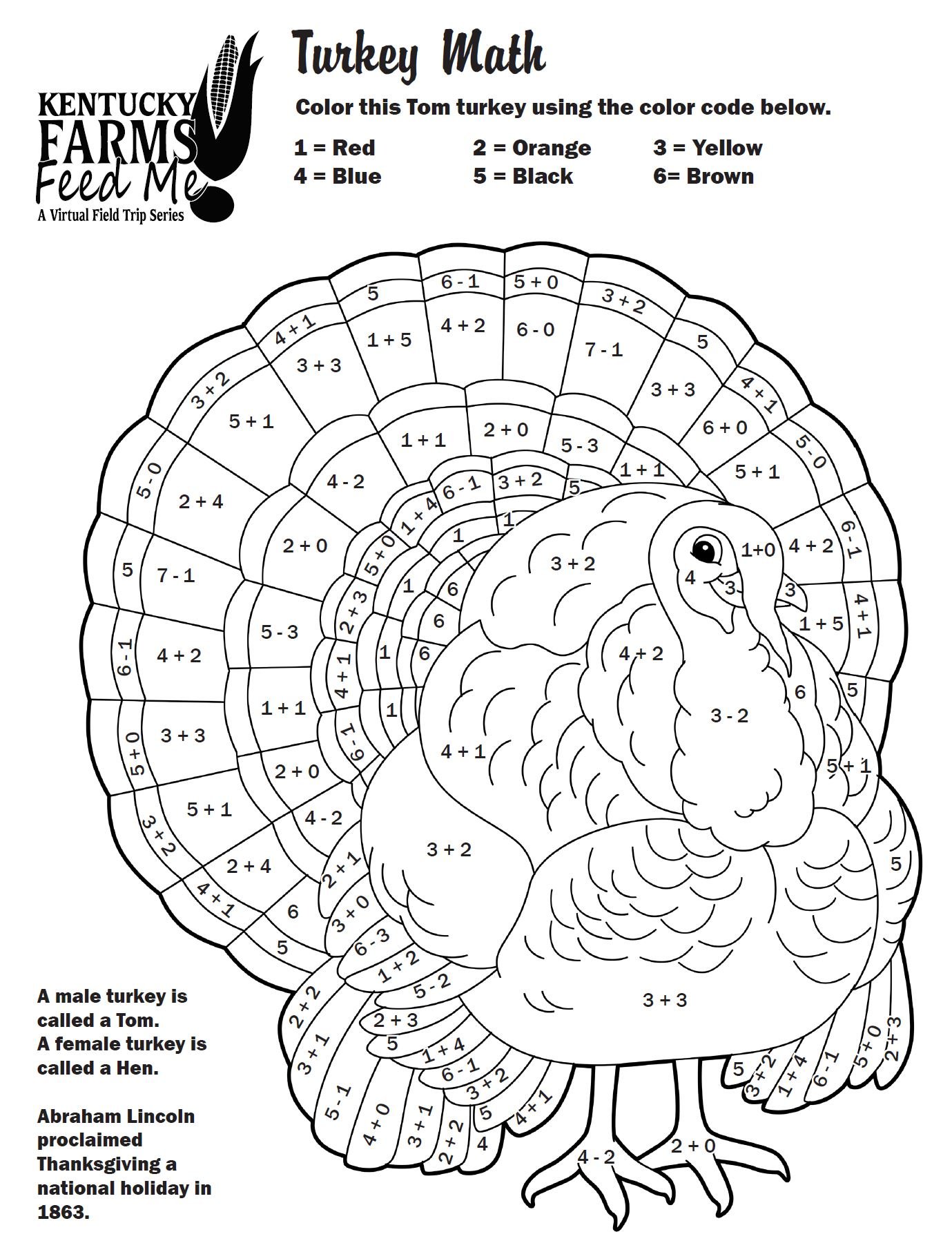 Math Addition Subtraction Turkey Worksheet