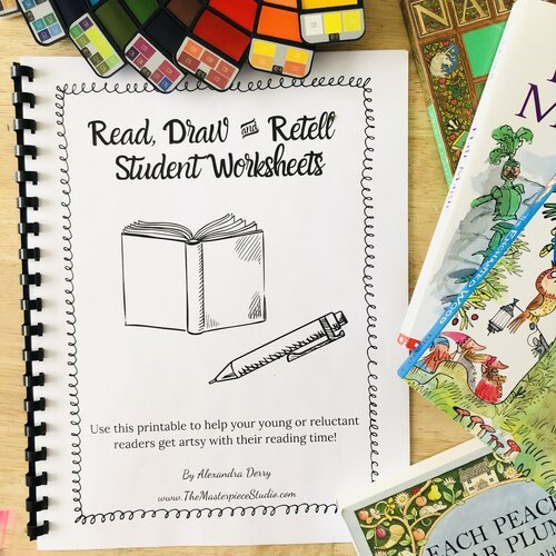 Read, Draw, Retell book on a table with other books and painting supplies