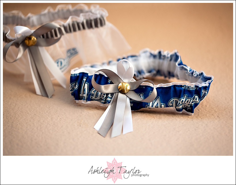 the bride made her something blue a Dodger garter for her odyssey restaurant wedding