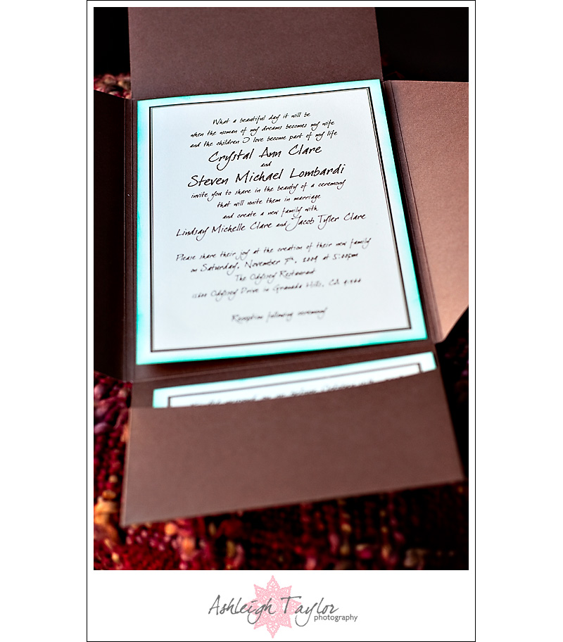 teal and brown wedding invitations for a granada hills wedding at the odyssey
