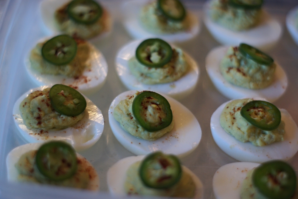 Avocado deviled eggs with jalapeños... yes!