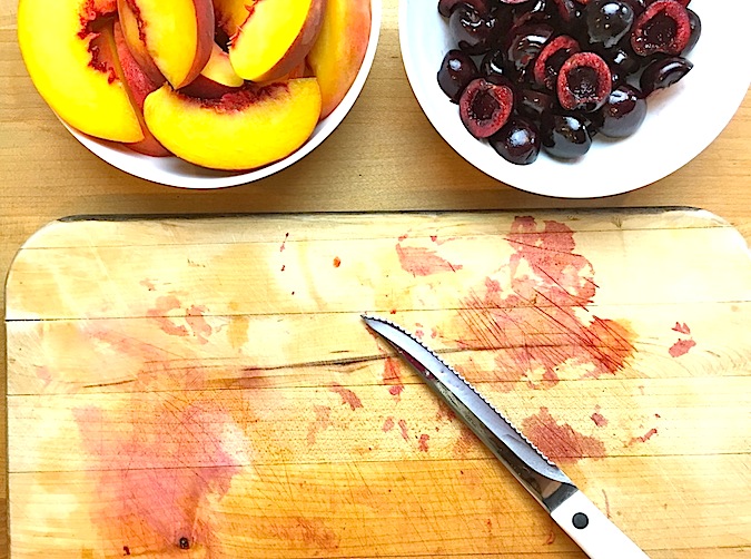 seared-halloumi-caramelized-peach-cherry-salad-cutting-board