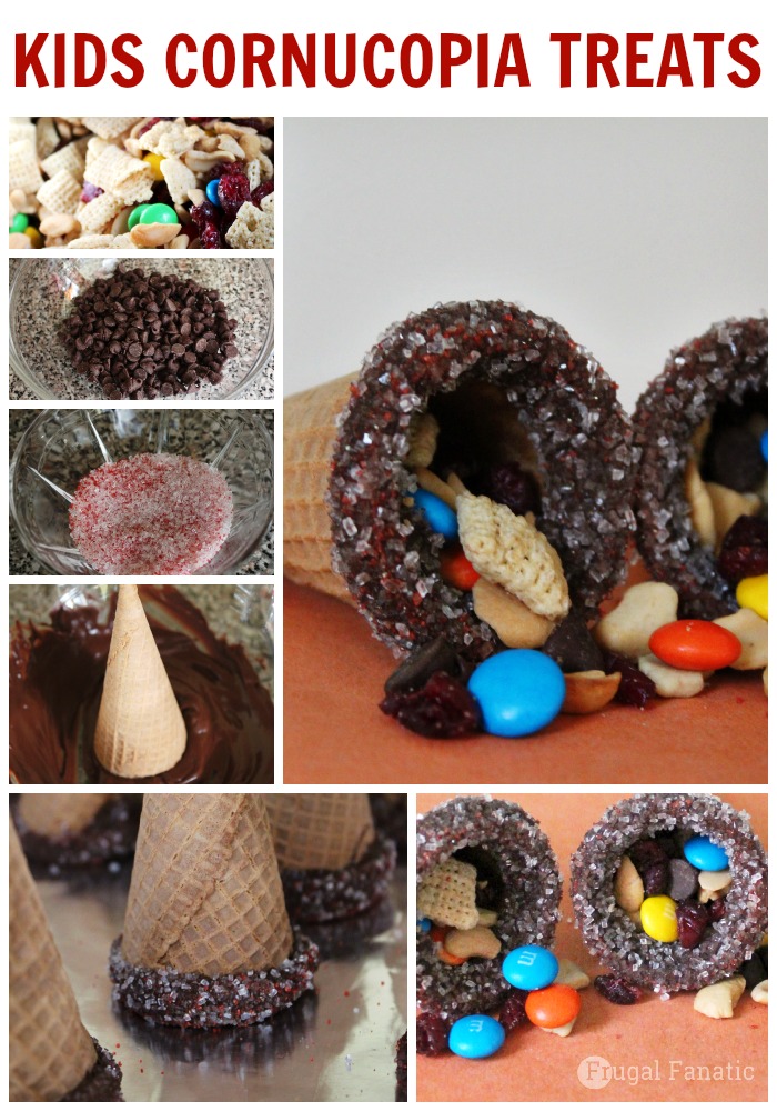 Check out this easy & cute Thanksgiving treat for kids. Make a cornucopia filled with trail mix!