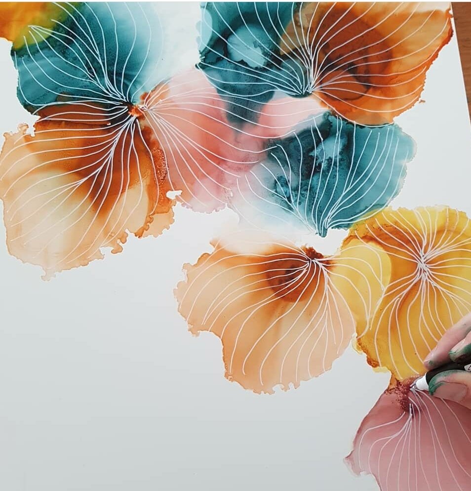Coral Flowers Alcohol Ink Print