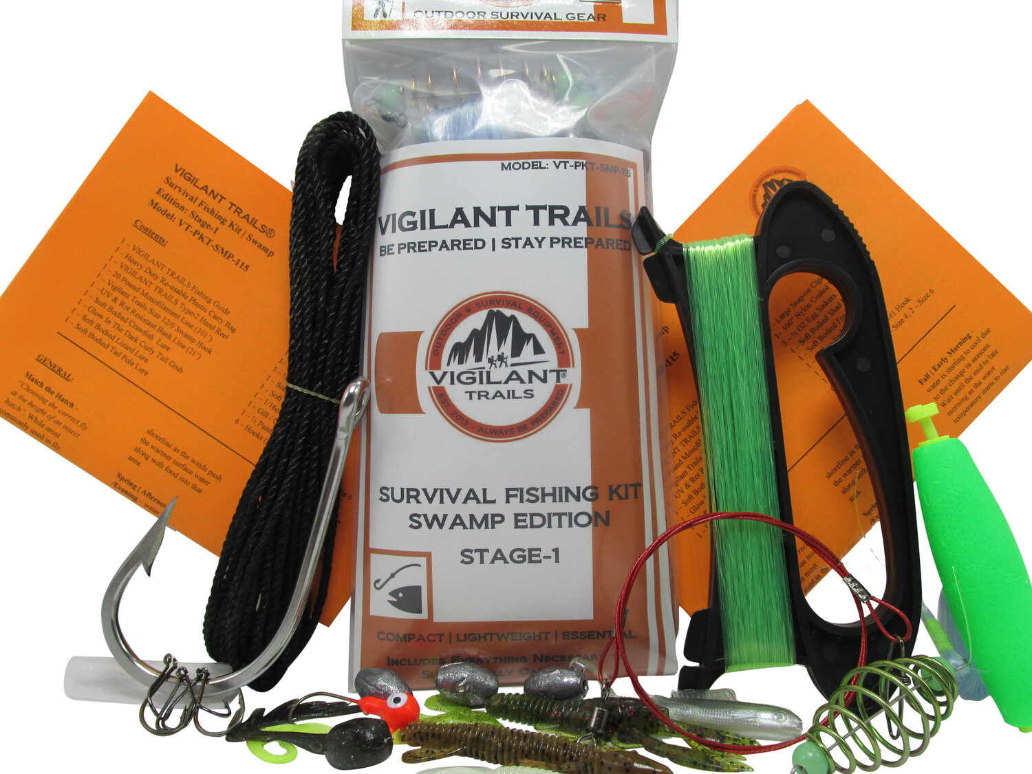 Vigilant Trails® Pre-Packed Survival Fishing Kit Swamp Edition: Stage-1, Includes Type-2 Hand Reel to Keep Your Line Organized, Heavy Duty Terminal  Tackle, Large Lures, Swamp Hook