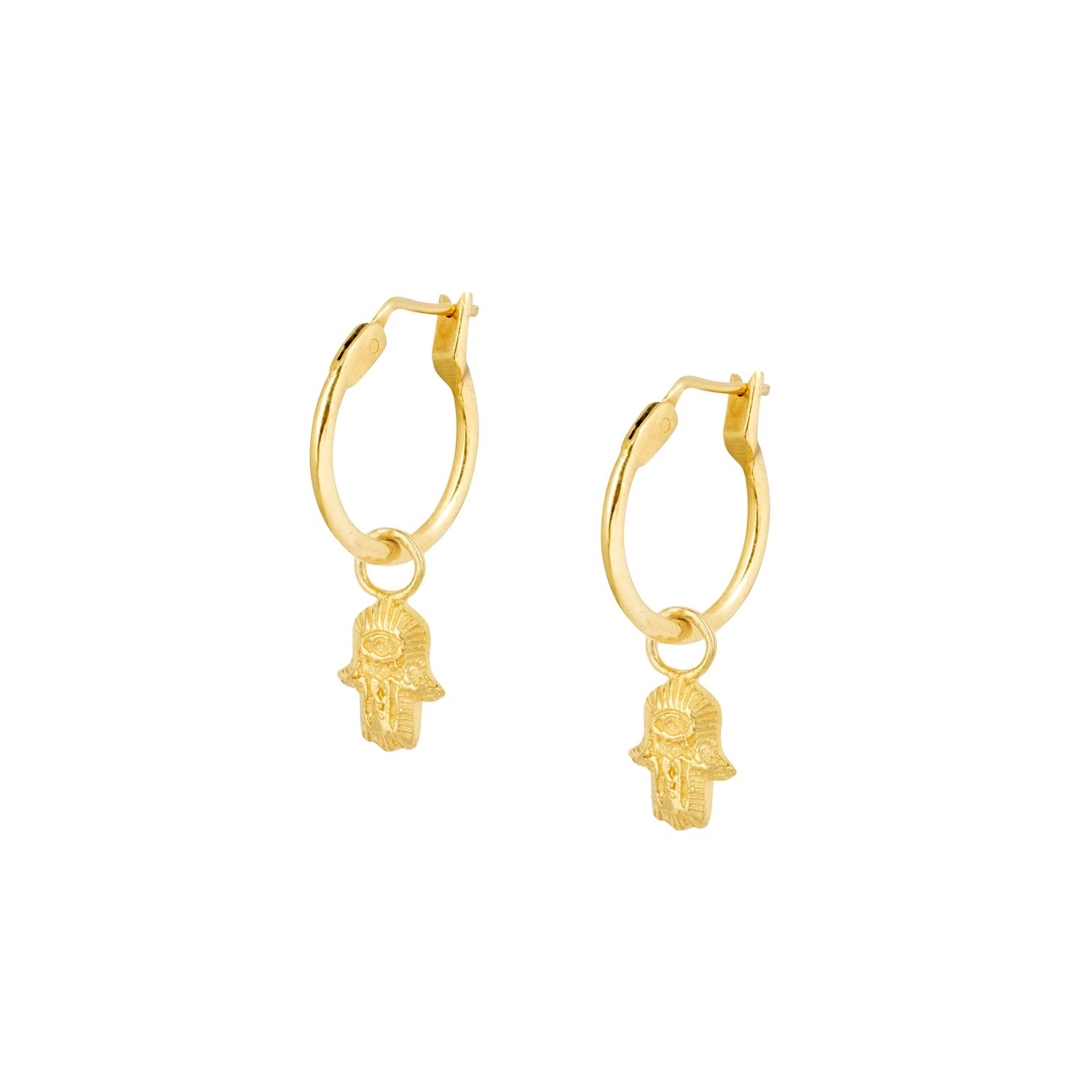 Ethically Handcrafted Hamsa Charm Hoop Earrings in Gold Vermeil — Loft & Daughter