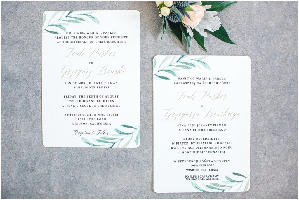 Private Estate Wedding in Sonoma County wedding invitations in English and Polish