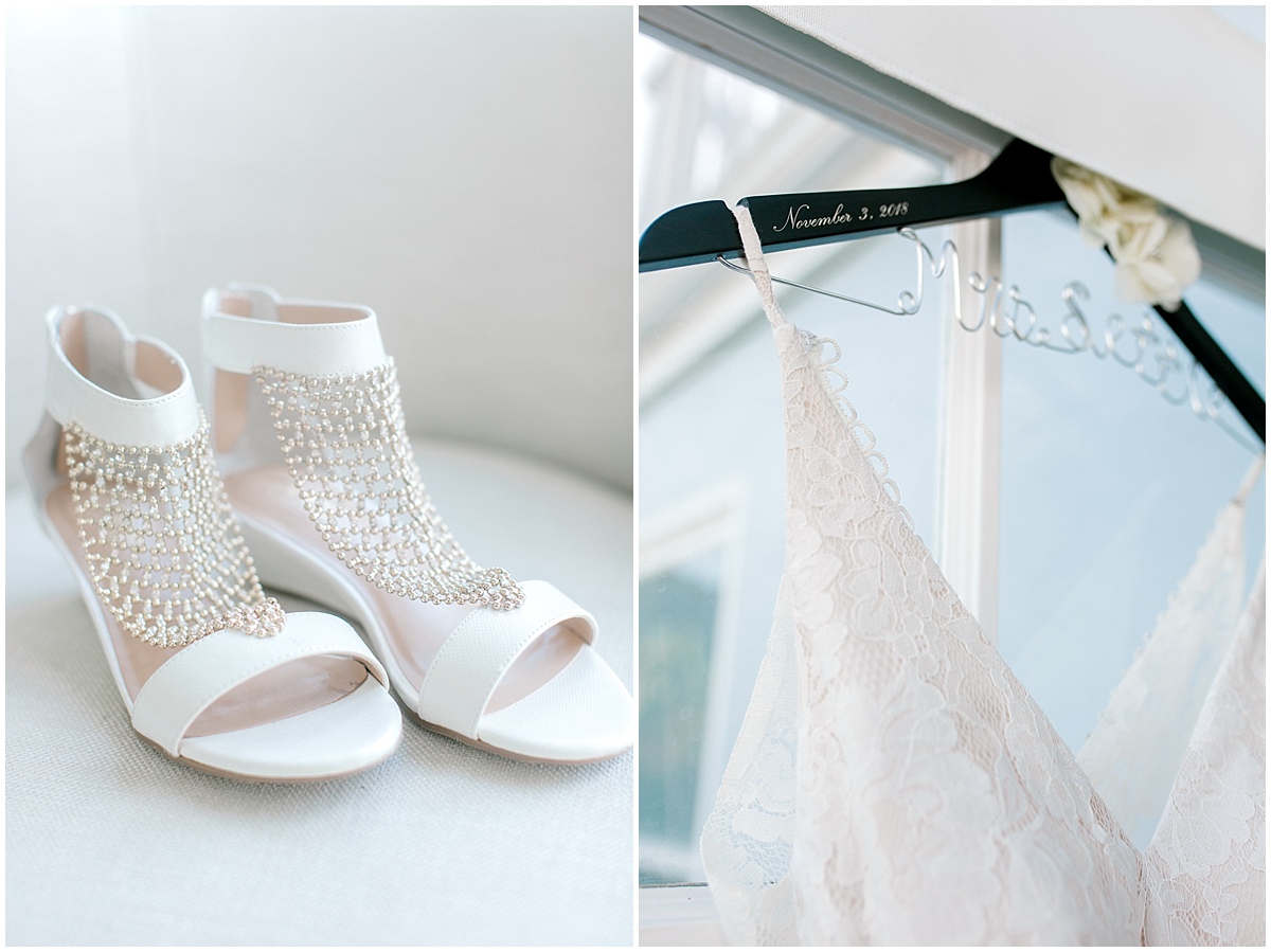 Gorgeous wedding at Presidio Yacht Club bridal shoe details and wedding dress with personalized hanger