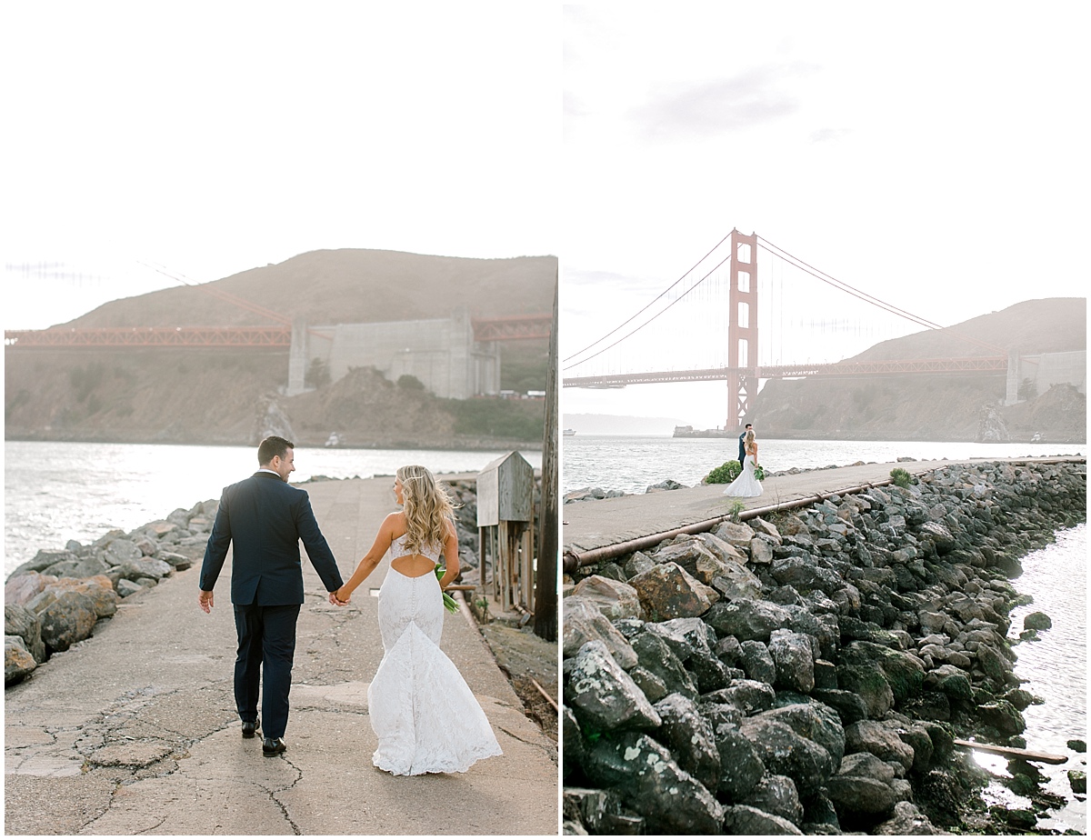 Gorgeous wedding at Presidio Yacht Club bride and groom walking with golden gate bridge in background