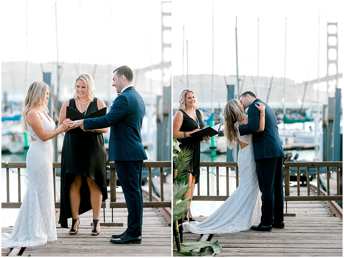Gorgeous wedding at Presidio Yacht Club first kiss as husband and wife