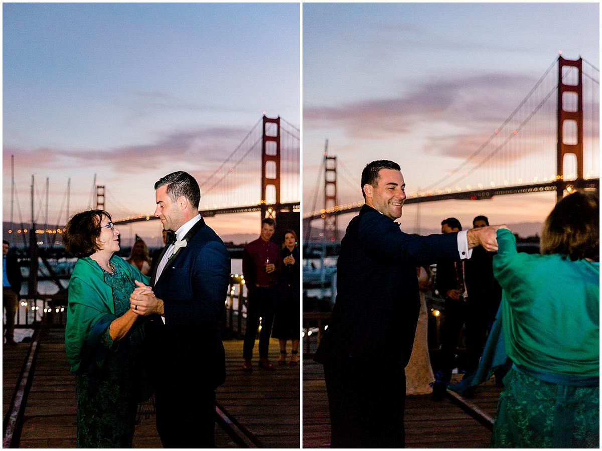 Gorgeous wedding at Presidio Yacht Club groom dancing with his Mom at sunset