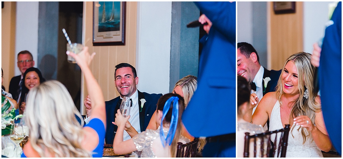 Gorgeous wedding at Presidio Yacht Club groom laughing during toasts