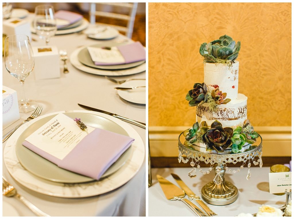 Spring Wedding at Vintners Inn table settings and wedding cake