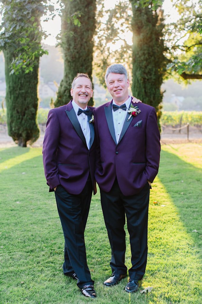 Same sex wedding at Charles Krug Winery in St Helena California sunset photos