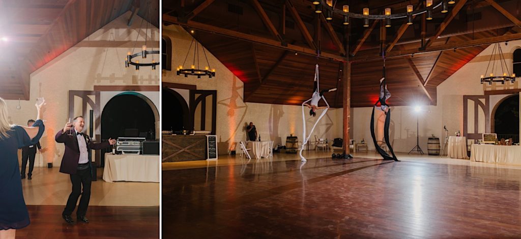 Same sex wedding at Charles Krug Winery in St Helena California aerialists performing at reception