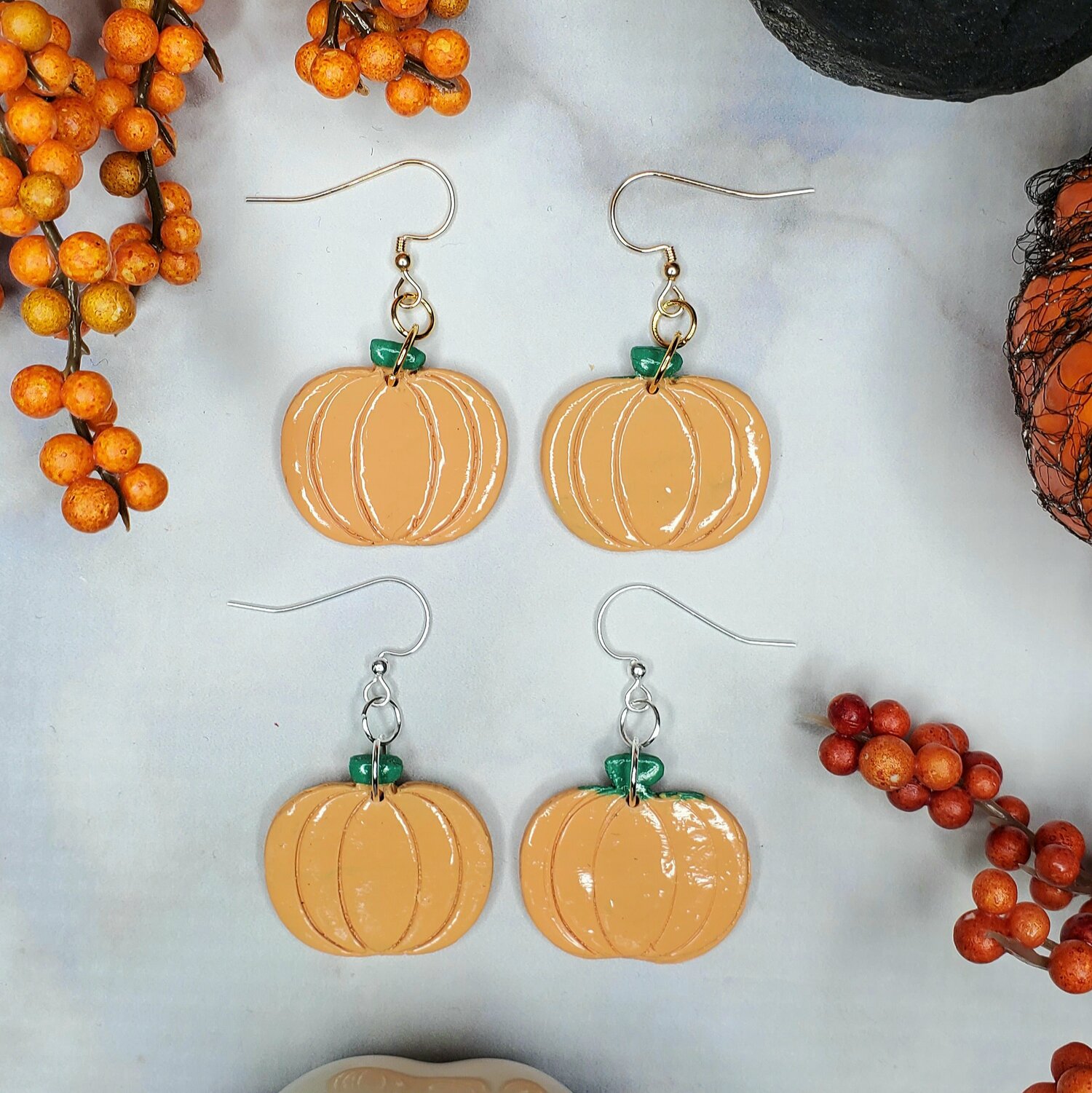 Pumpkin Polymer Clay Earrings on Sterling Silver or 14k Gold-Filled Hooks — Kim's Krystals Shop