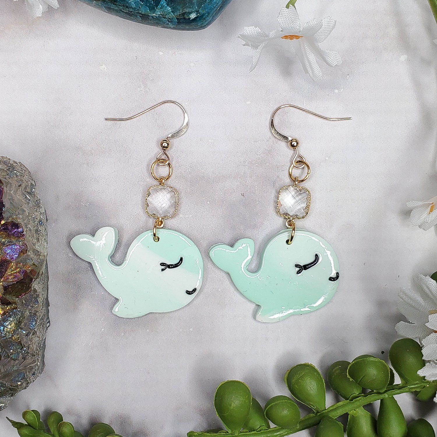 Sea Foam - Polymer Clay Whale Earrings on 14k Gold-Filled Earrings — Kim's Krystals Shop