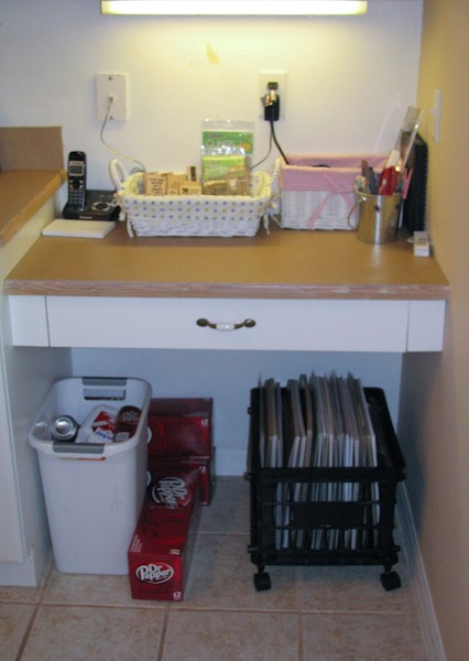 the kitchen desk set up for scrapbooking
