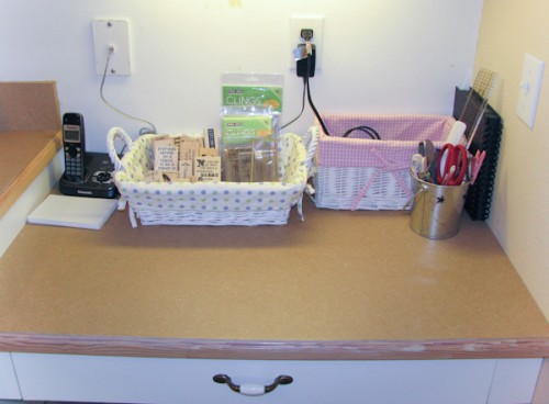 kitchen desk set up for scrapbook storage